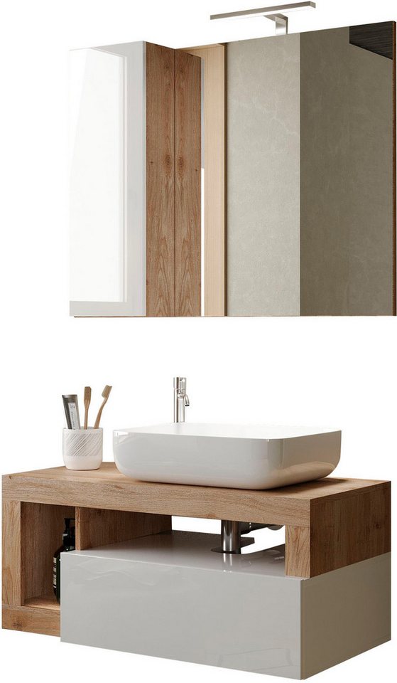 welltime Badmöbel-Set Hamburg, Badezimmerset 2tlg. Breite 92 cm, Badmöbel, Waschtisch inkl., (Spar-Set, 2-St), Waschbecken, Spiegelschrank mit LED Aufbauleuchte, Soft-Close-Funktion von welltime