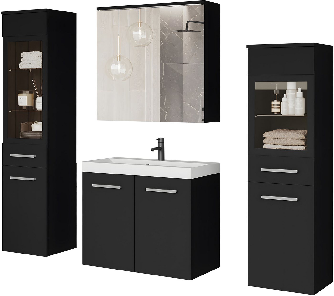 welltime Badmöbel-Set MADRIT II, Schrank mit Waschbecken, 2 Hänger, Spiegelschrank, (Komplett-Set, 5-St), Hängende Badmöbel mit Glaseinsätzen – in vielen Farben erhältlich von welltime