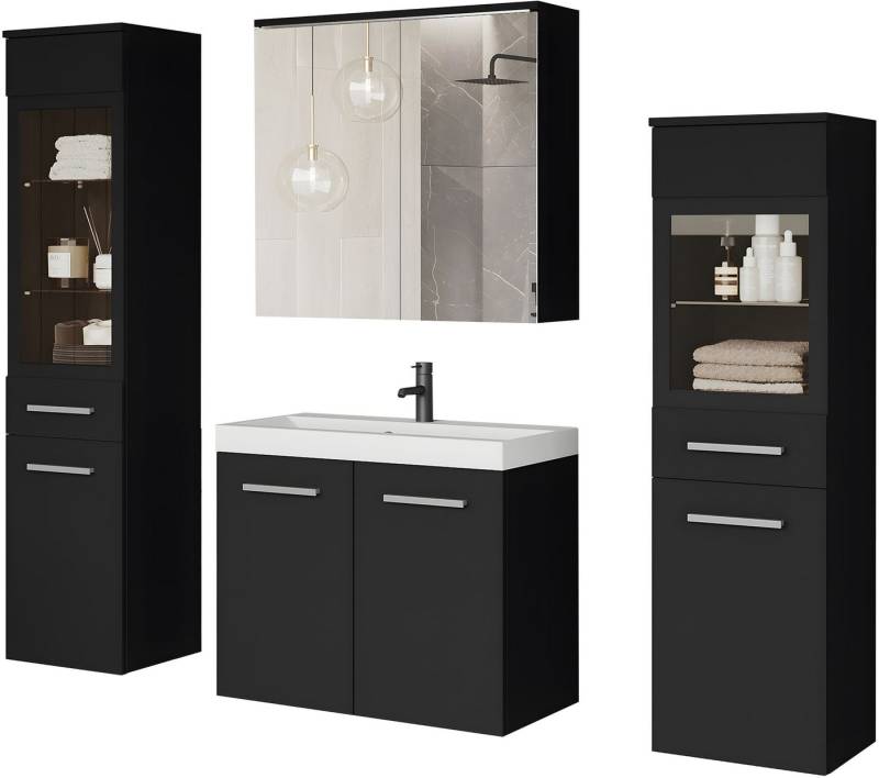 welltime Badmöbel-Set MADRIT II, Schrank mit Waschbecken, 2 Hänger, Spiegelschrank, (Komplett-Set, 5-St), Hängende Badmöbel mit Glaseinsätzen – in vielen Farben erhältlich von welltime