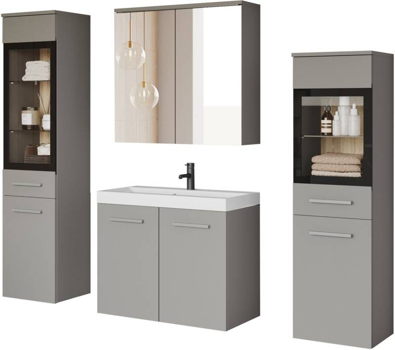 welltime Badmöbel-Set MADRIT II, Schrank mit Waschbecken, 2 Hänger, Spiegelschrank, (Komplett-Set, 5-St), Hängende Badmöbel mit Glaseinsätzen – in vielen Farben erhältlich von welltime