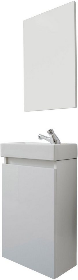 welltime Badmöbel-Set Oslo 2-teilig, Badezimmerschrank Gäste-WC Waschplatz Set, (Komplett-Set, 3-St), Waschtisch mit Waschbecken und Spiegel Breite 40cm, Gästewaschtisch von welltime