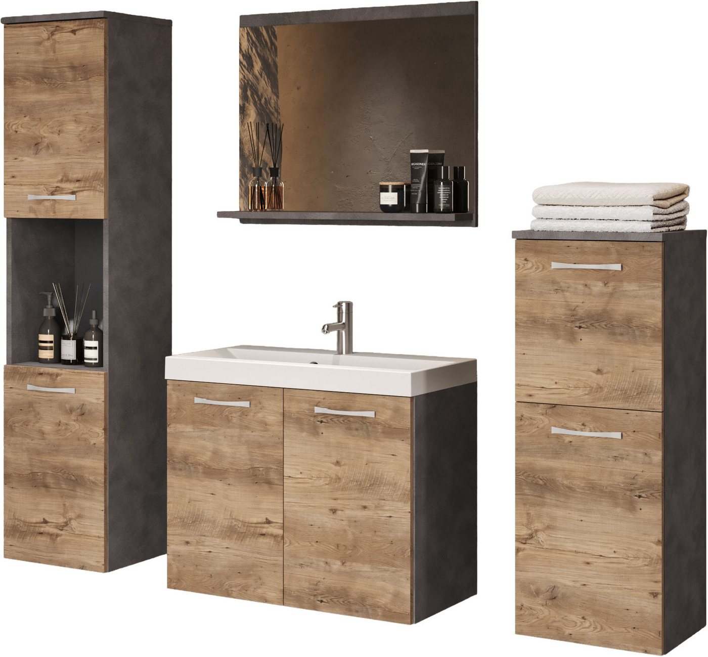 welltime Badmöbel-Set PARLA, (Komplett-Set, 5-St), Waschtisch inkl. Waschbecken, Spiegel, Hochschrank und Hängeschrank von welltime