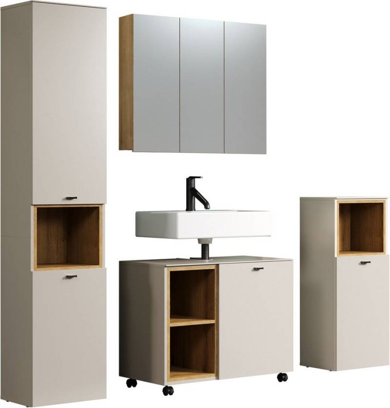 welltime Badmöbel-Set San Pedro, (Komplett-Set, 4-St), Set mit Hochschrank, Waschbeckenunterschrank, Spiegel & Standschrank von welltime