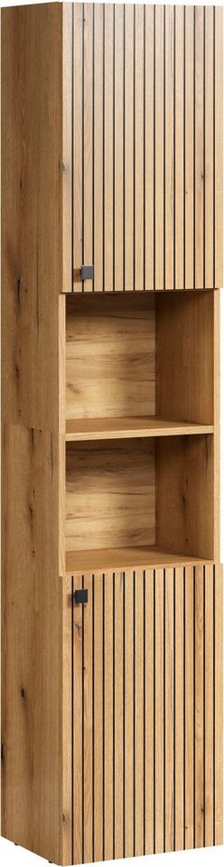 welltime Hochschrank Amrum Badezimmerschrank Standschrank Badmöbel Breite 40cm, geräumiger Hochschrank Eiche Rillenoptik Badschrank von welltime