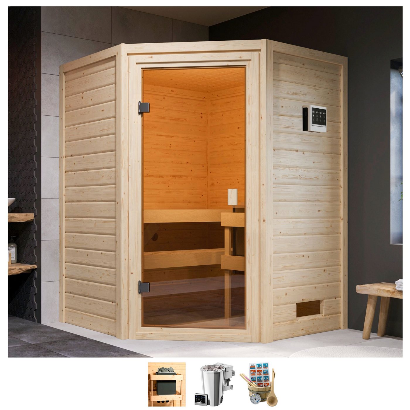 welltime Sauna Anni, BxTxH: 145 x 145 x 187 cm, 38 mm, 3,6-kW-Bio-Plug & Play Ofen mit ext. Steuerung von welltime