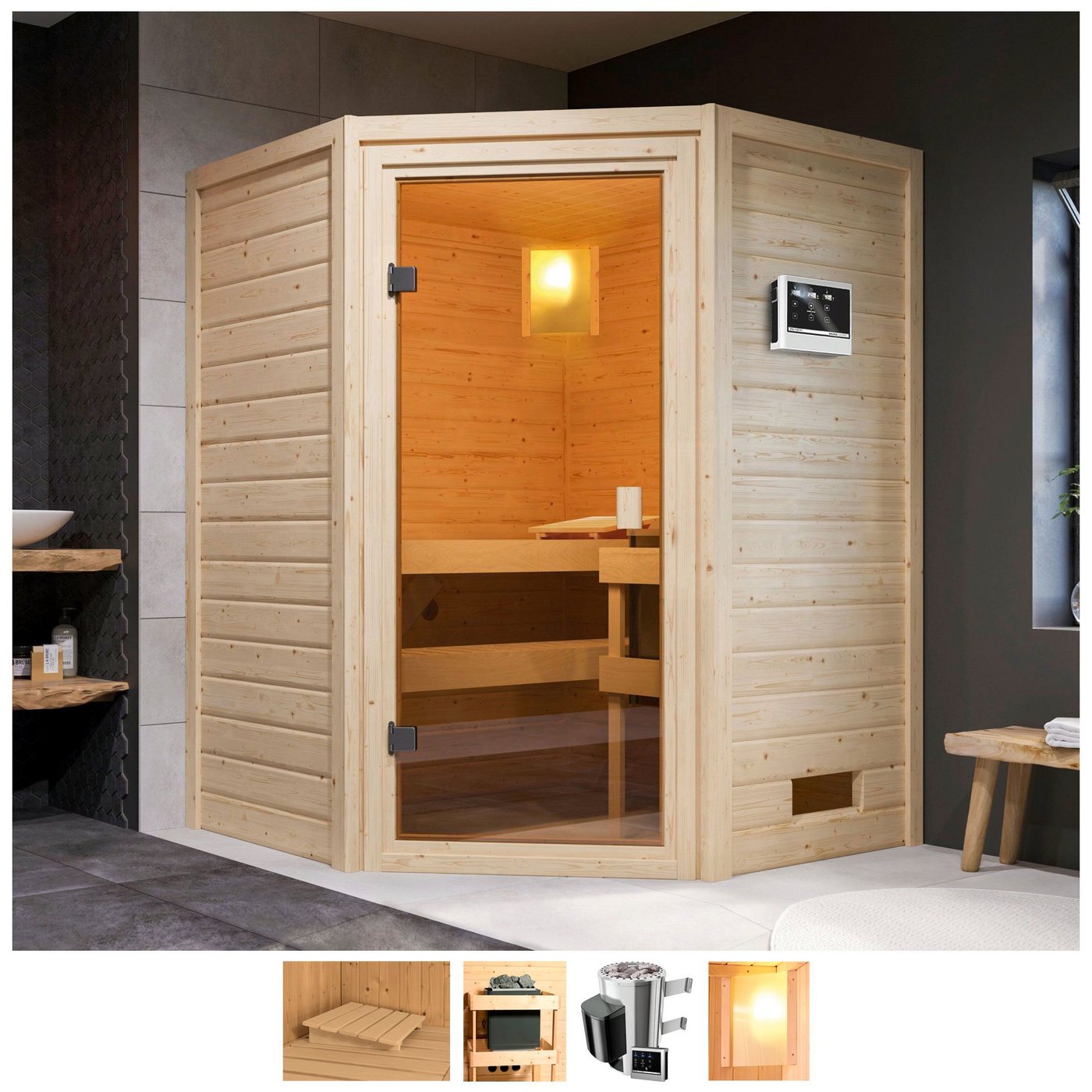 welltime Sauna Anni, BxTxH: 145 x 145 x 187 cm, 38 mm, 3,6-kW-Plug & Play Ofen mit ext. Steuerung von welltime