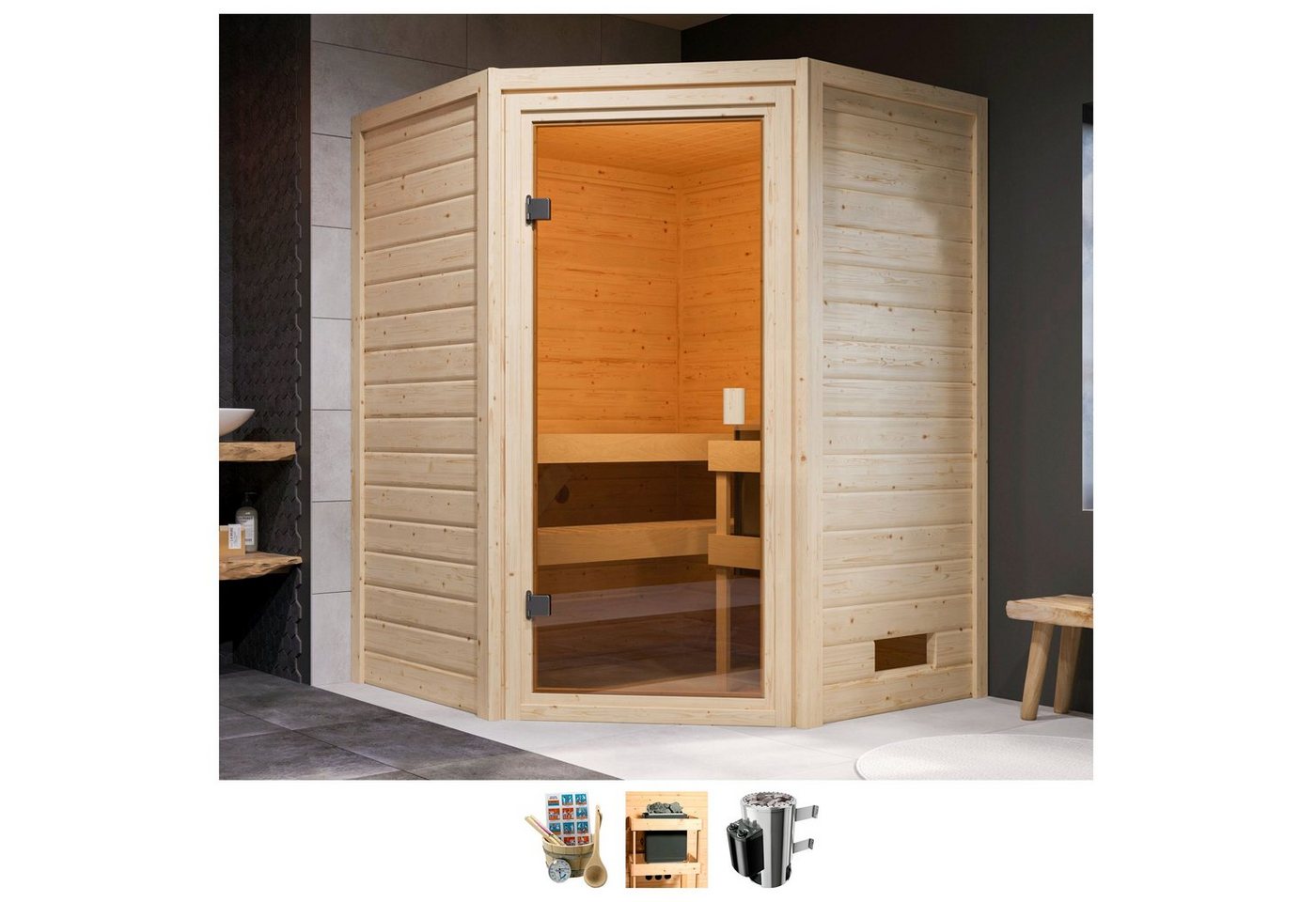 welltime Sauna Anni, BxTxH: 145 x 145 x 187 cm, 38 mm, 3,6-kW-Plug & Play Ofen mit int. Steuerung von welltime