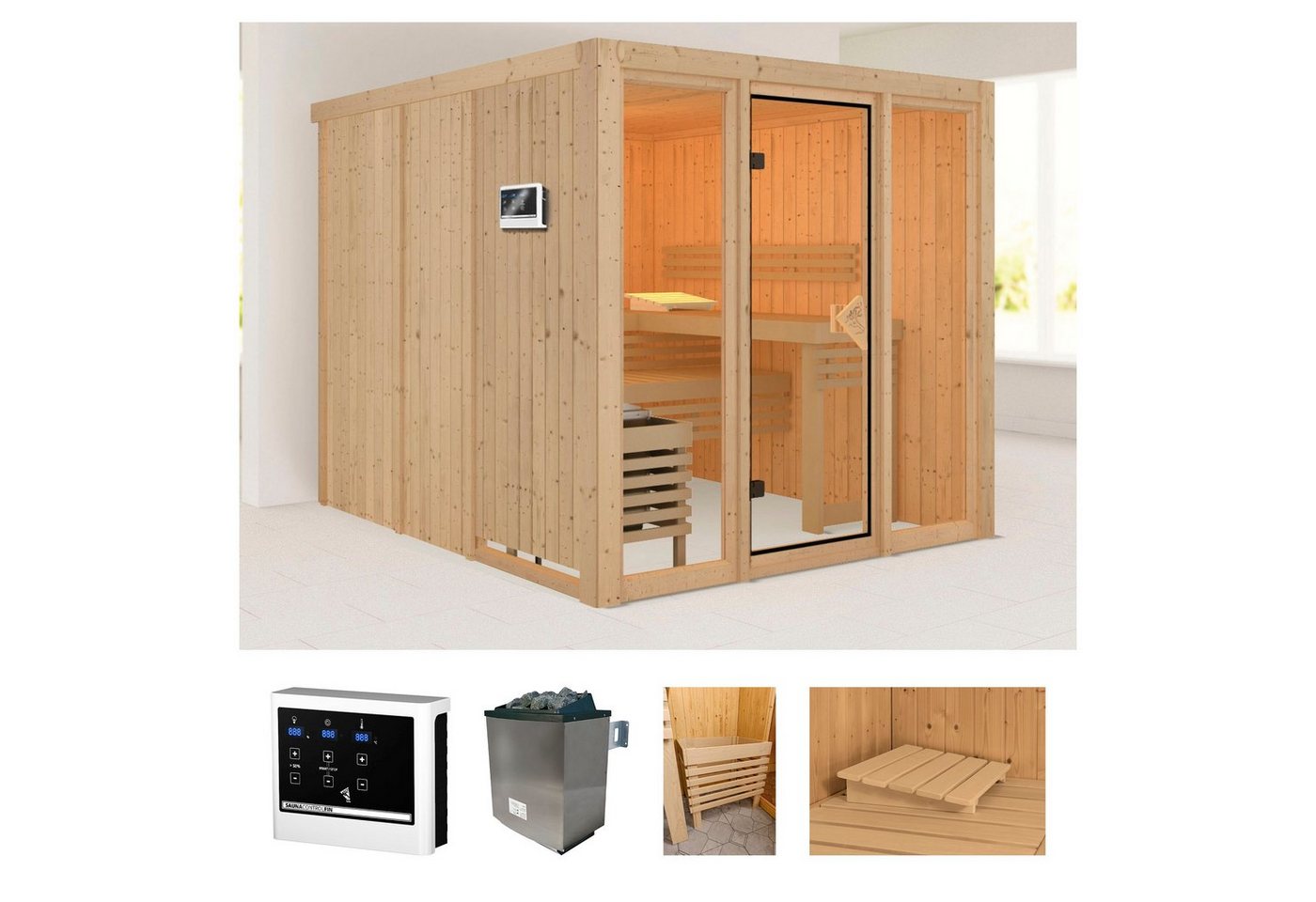 welltime Sauna Artja, BxTxH: 216 x 234 x 198 cm, 68 mm, (Set) naturbelassen, mit Ofen 9 kW ext. Steuerung von welltime