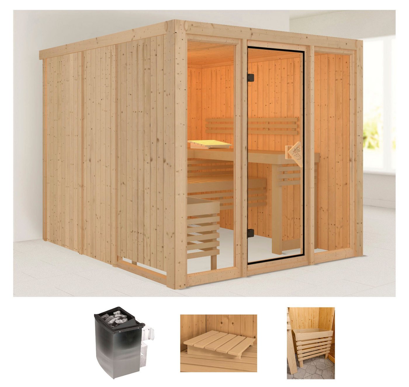 welltime Sauna Artja, BxTxH: 216 x 234 x 198 cm, 68 mm, (Set) naturbelassen, mit Ofen 9 kW int. Steuerung von welltime