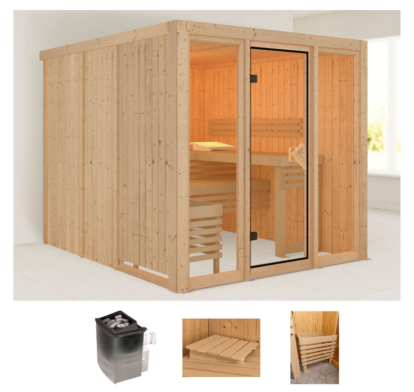 welltime Sauna Artja, BxTxH: 216 x 234 x 198 cm, 68 mm, (Set) naturbelassen, mit Ofen 9 kW int. Steuerung von welltime