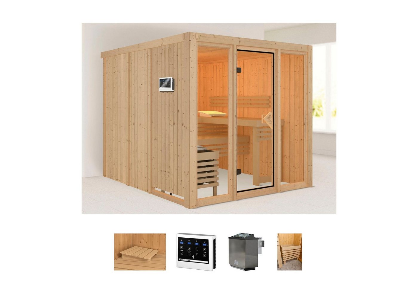 welltime Sauna Artja, BxTxH: 216 x 234 x 198 cm, 68 mm, (Set) naturbelassen mit Ofen 9 kW Bio ext. Steuerung von welltime