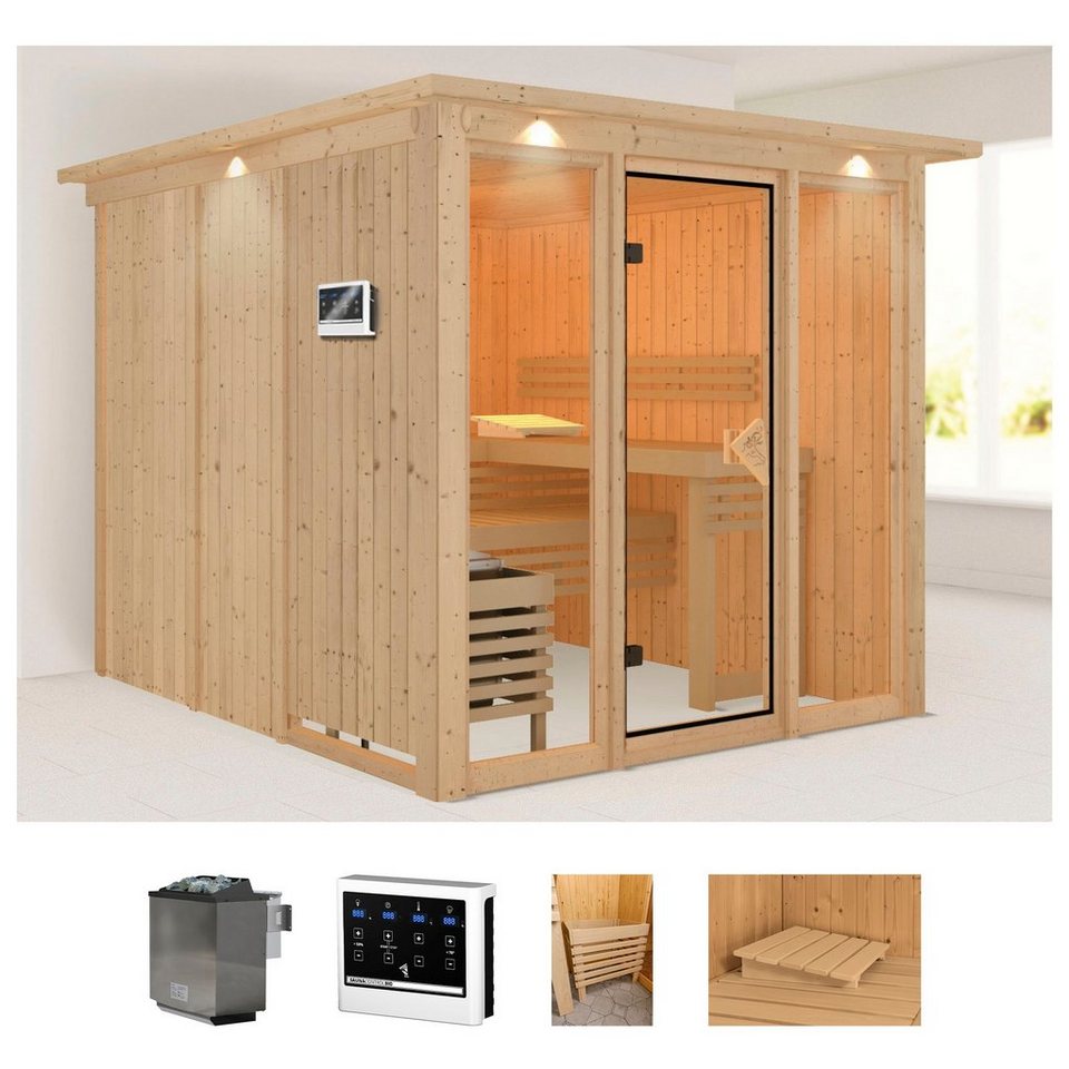 welltime Sauna Artja, BxTxH: 240,5 x 248 x 202 cm, 68 mm, (Set) naturbelassen, mit Ofen 9 kW Bio ext. Steuerung von welltime