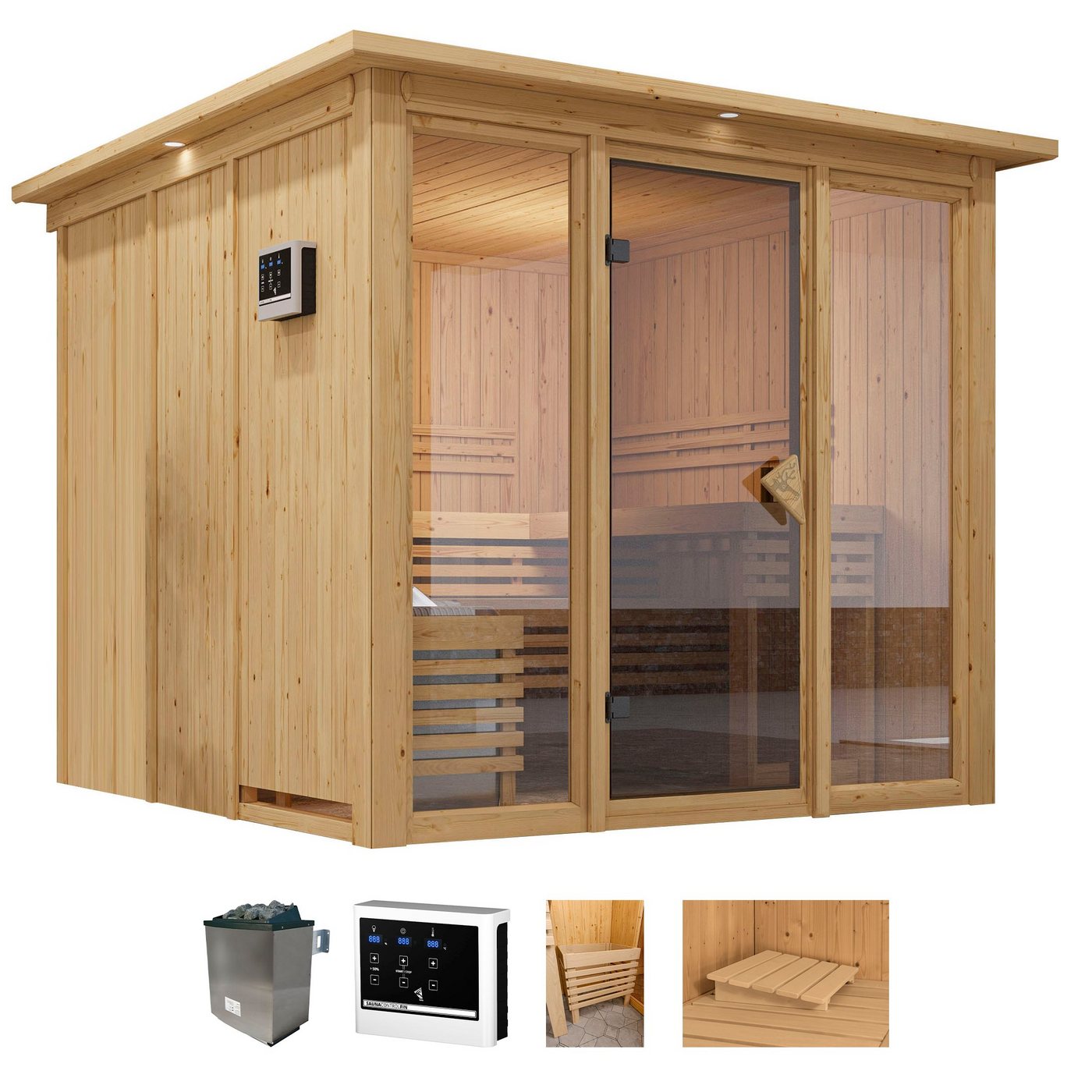 welltime Sauna Artja, BxTxH: 240,5 x 248 x 202 cm, 68 mm, (Set) naturbelassen, mit Ofen 9 kW ext. Steuerung von welltime