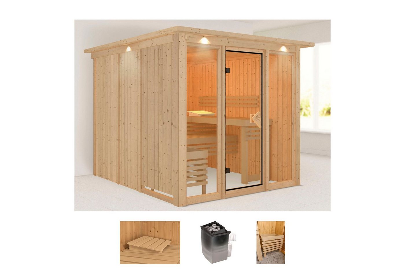 welltime Sauna Artja, BxTxH: 240,5 x 248 x 202 cm, 68 mm, (Set) naturbelassen, mit Ofen 9 kW integr. Steuerung von welltime