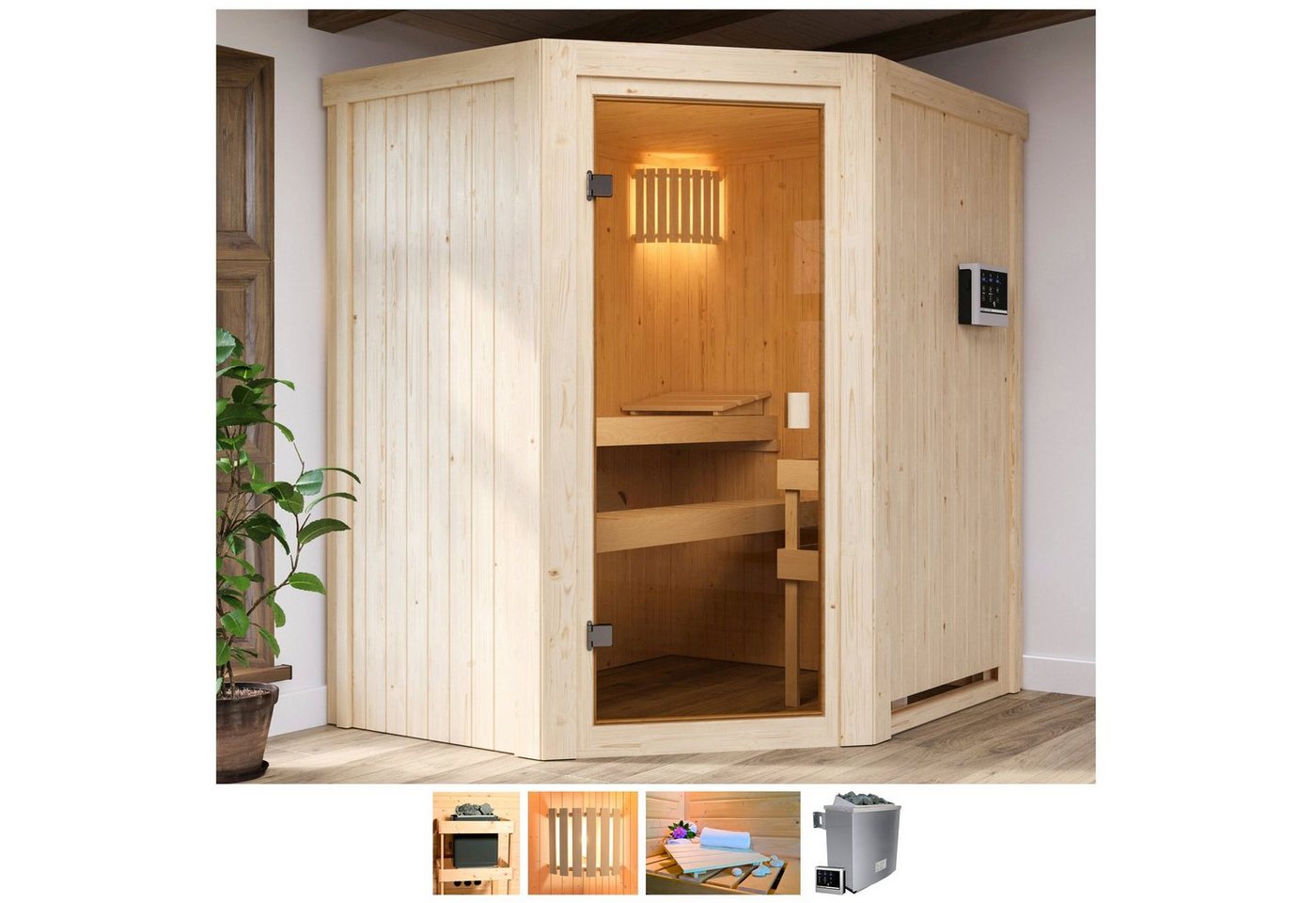 welltime Sauna Fedder, BxTxH: 170 x 151 x 198 cm, 68 mm, 4,5-kW-Ofen mit ext. Steuerung von welltime