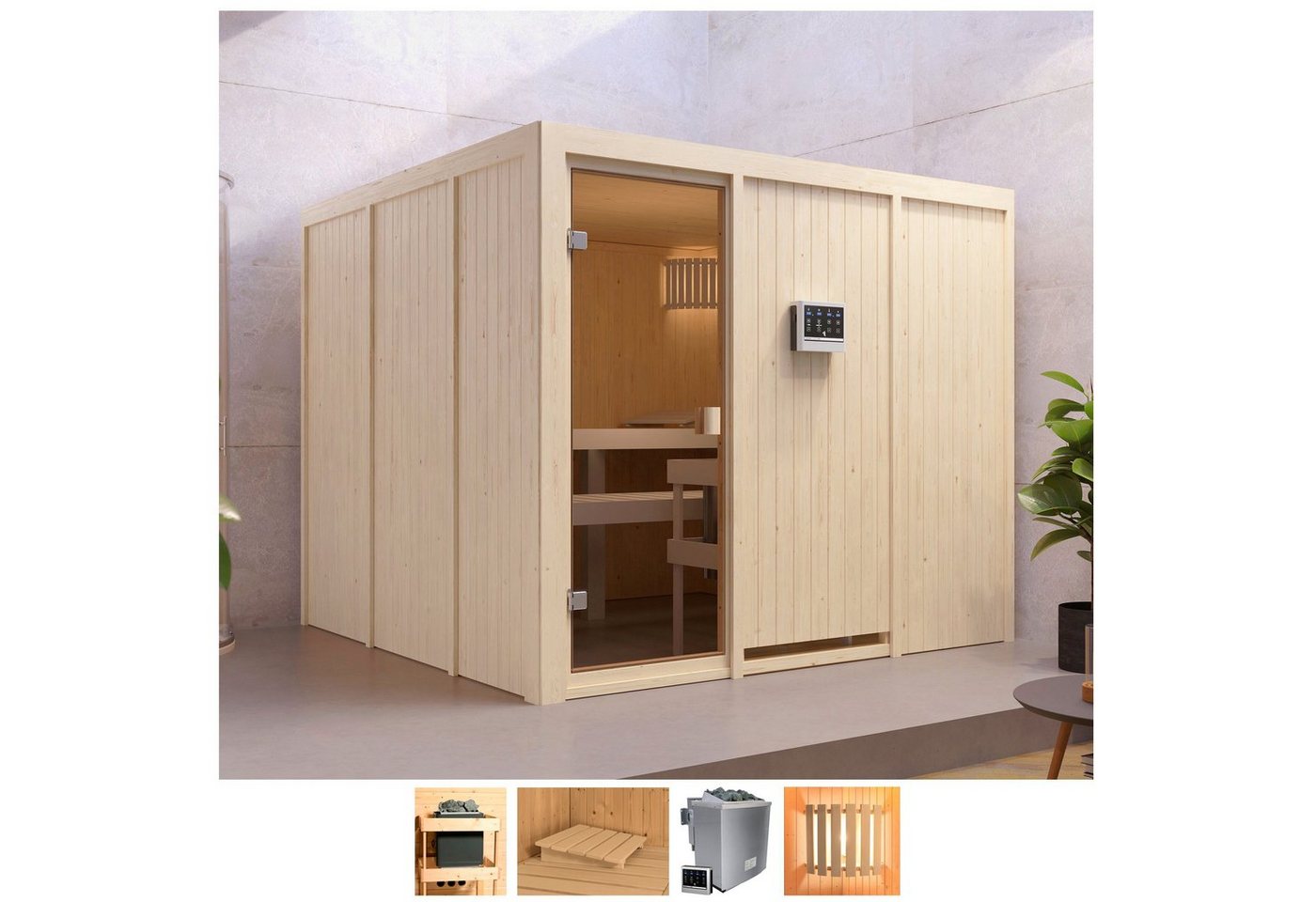 welltime Sauna Ferun, BxTxH: 231 x 231 x 198 cm, 68 mm, 9-kW-Bio-Ofen mit ext. Steuerung von welltime