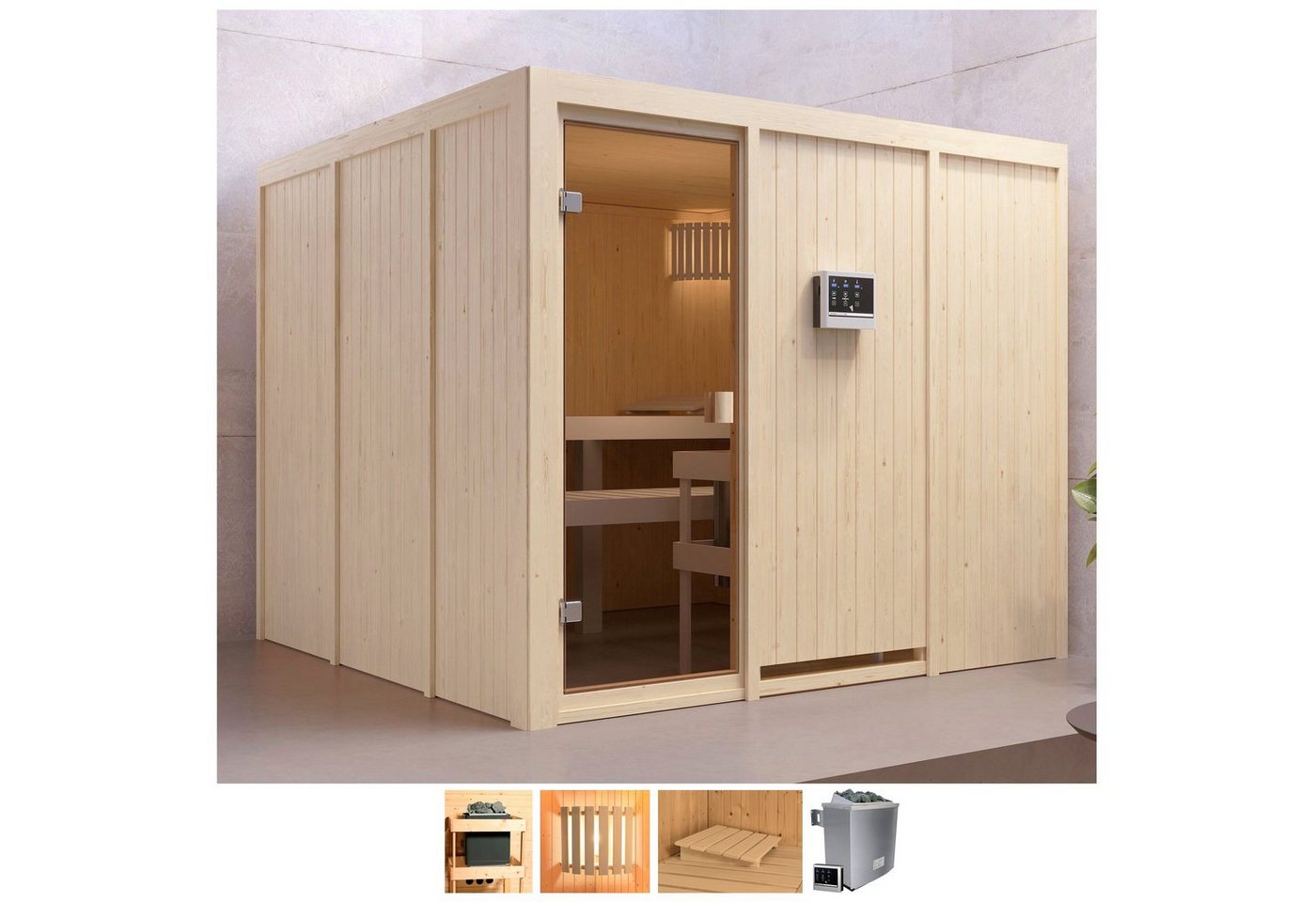 welltime Sauna Ferun, BxTxH: 231 x 231 x 198 cm, 68 mm, 9-kW-Ofen mit ext. Steuerung von welltime