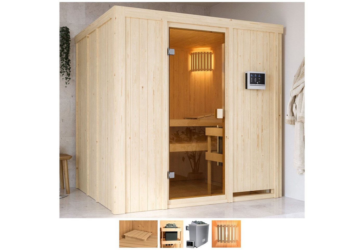 welltime Sauna Gelsa, BxTxH: 196 x 178 x 198 cm, 68 mm, 4,5-kW-Ofen mit ext. Steuerung von welltime