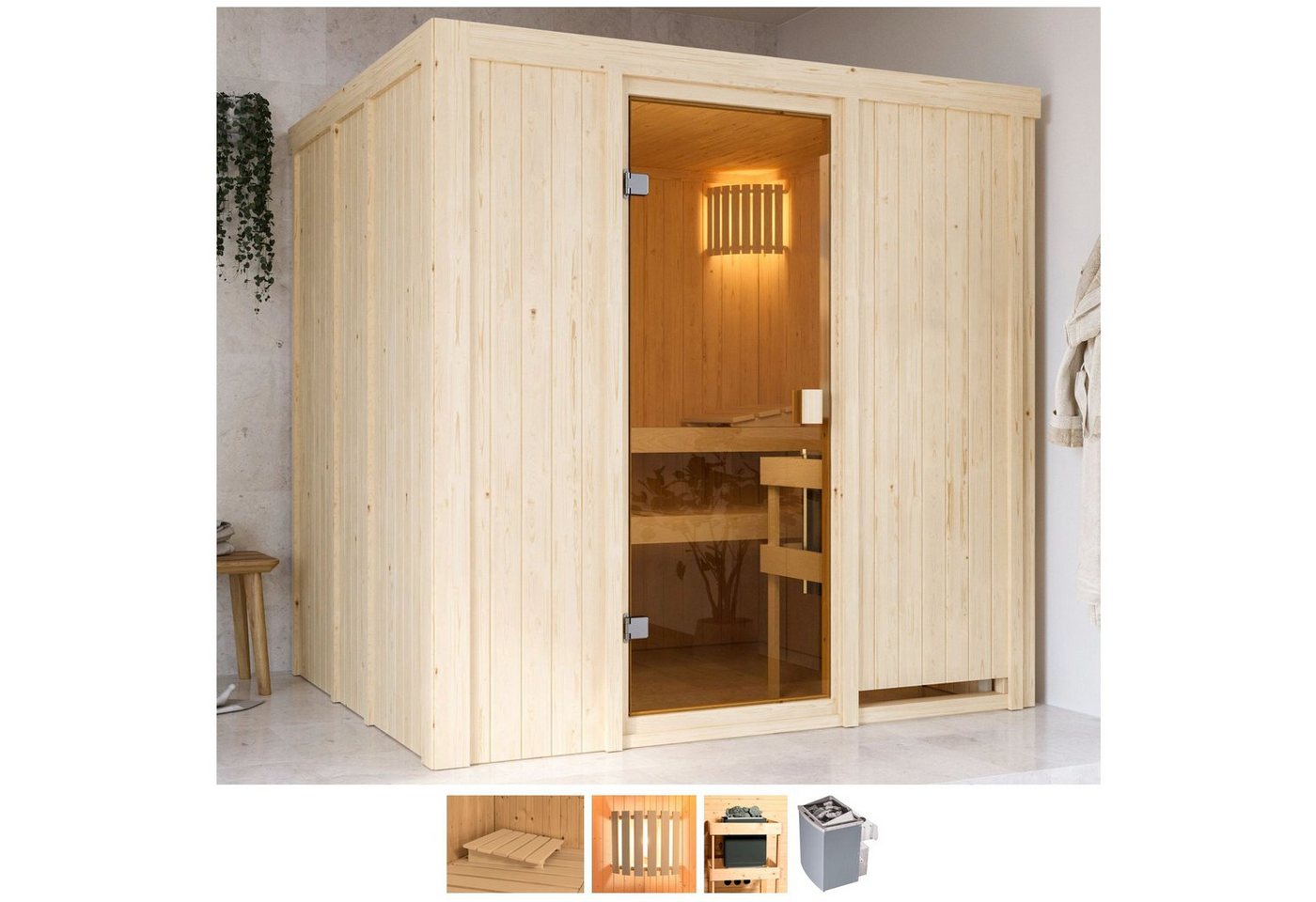 welltime Sauna Gelsa, BxTxH: 196 x 178 x 198 cm, 68 mm, 4,5-kW-Ofen mit int. Steuerung von welltime