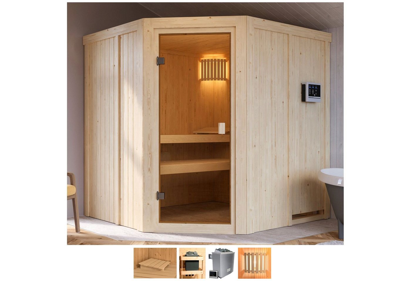 welltime Sauna Hilda, BxTxH: 196 x 178 x 198 cm, 68 mm, 4,5-kW-Ofen mit ext. Steuerung von welltime