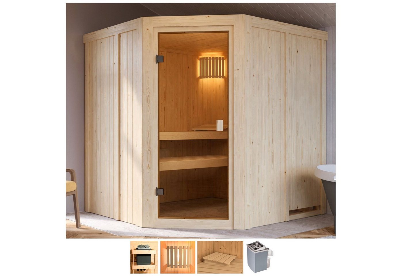 welltime Sauna Hilda, BxTxH: 196 x 178 x 198 cm, 68 mm, 4,5-kW-Ofen mit int. Steuerung von welltime