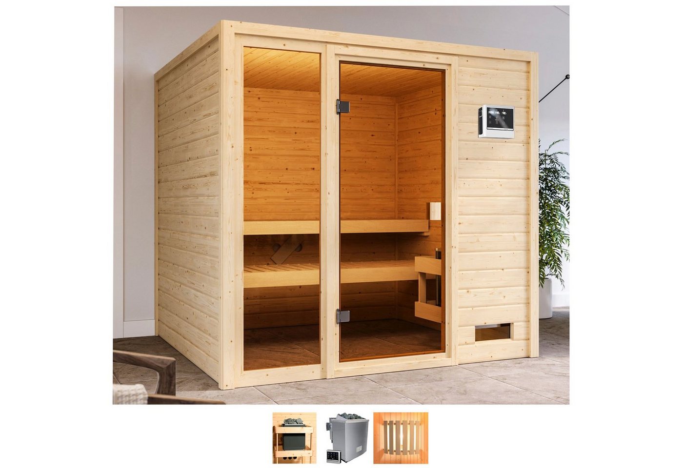 welltime Sauna Jackie, BxTxH: 196 x 196 x 187 cm, 38 mm, 9-kW-Ofen mit ext. Steuerung von welltime