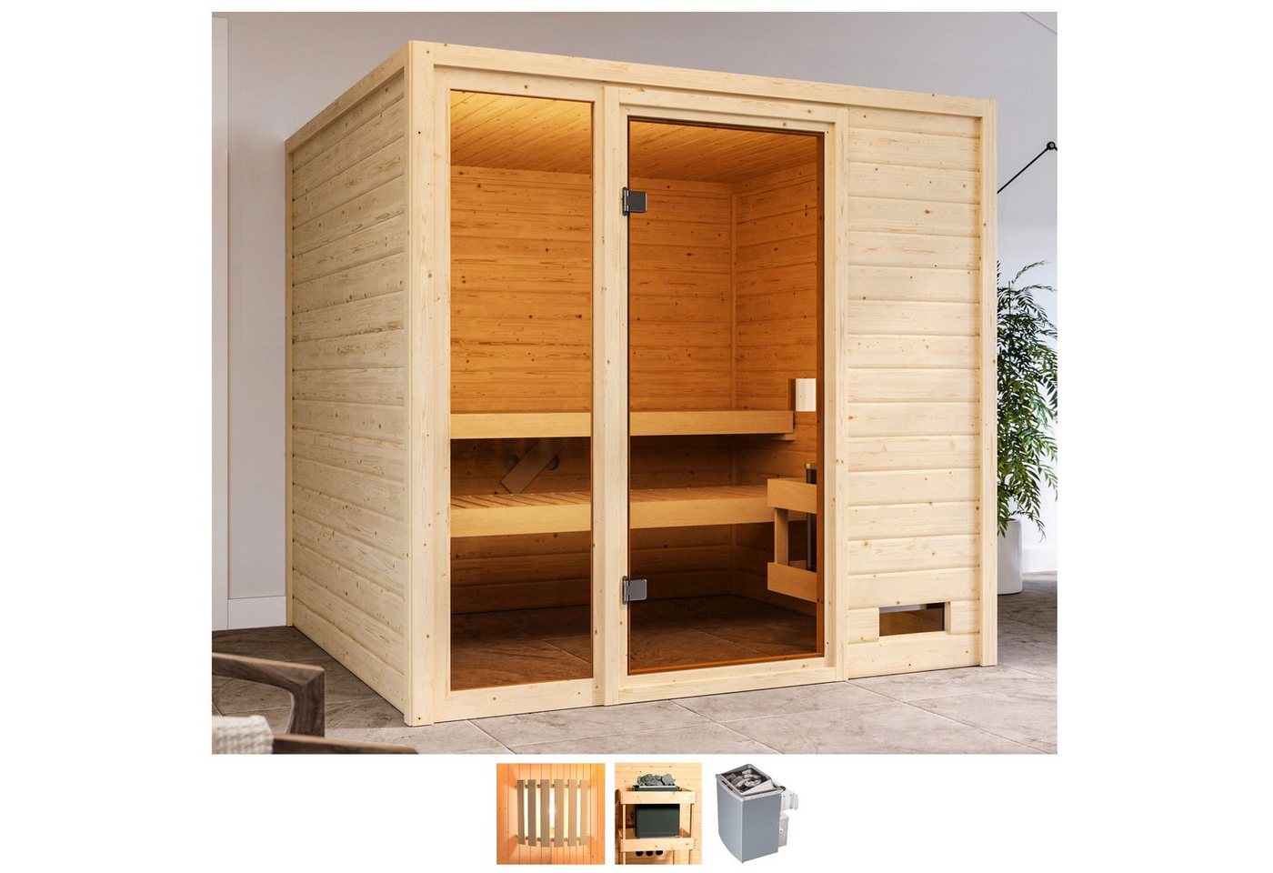 welltime Sauna Jackie, BxTxH: 196 x 196 x 187 cm, 38 mm, 9-kW-Ofen mit int. Steuerung von welltime