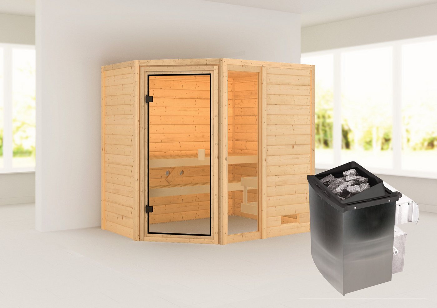 welltime Sauna Josie, BxTxH: 196 x 146 x 187 cm, 38 mm, 9-kW-Ofen mit int. Steuerung von welltime