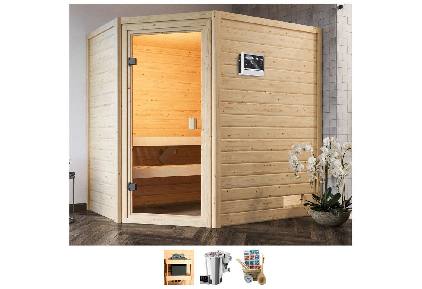 welltime Sauna Juli, BxTxH: 195 x 145 x 187 cm, 38 mm, 3,6-kW-Bio-Plug & Play Ofen mit ext. Steuerung von welltime