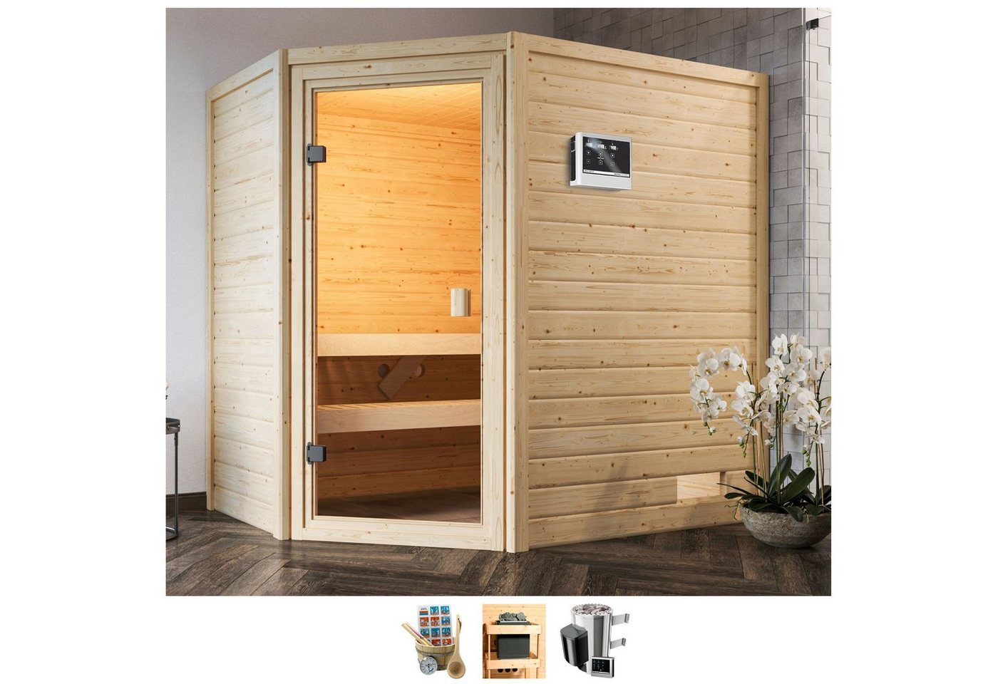 welltime Sauna Juli, BxTxH: 195 x 145 x 187 cm, 38 mm, 3,6-kW-Plug & Play Ofen mit ext. Steuerung von welltime