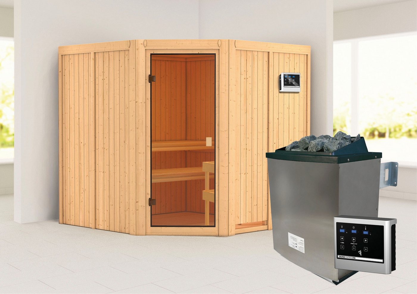 welltime Sauna Käthe, BxTxH: 196 x 196 x 198 cm, 68 mm, 9-kW-Ofen mit ext. Steuerung von welltime