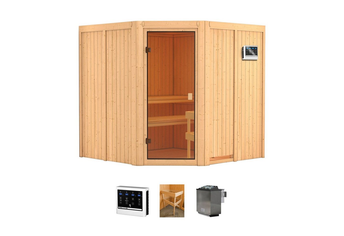 welltime Sauna Merkur, BxTxH: 196 x 196 x 198 cm, 68 mm, (Set) 9 kW-Bio-Ofen mit ext. Steuerung von welltime