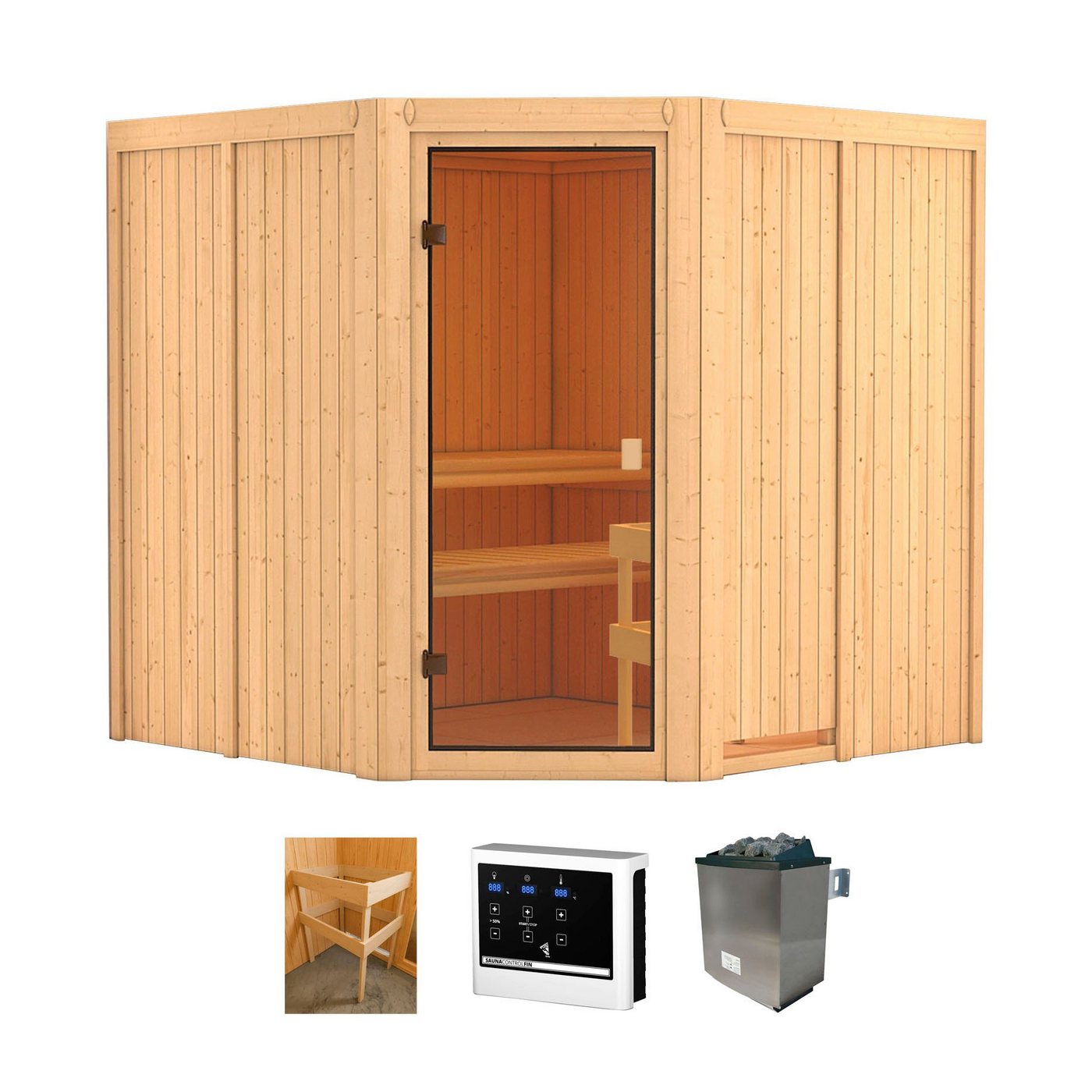 welltime Sauna Merkur, BxTxH: 196 x 196 x 198 cm, 68 mm, (Set) 9 kW-Ofen mit ext. Steuerung von welltime