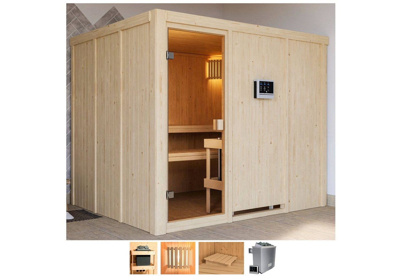 welltime Sauna Nando, BxTxH: 231 x 196 x 198 cm, 68 mm, 9-kW-Ofen mit ext. Steuerung von welltime