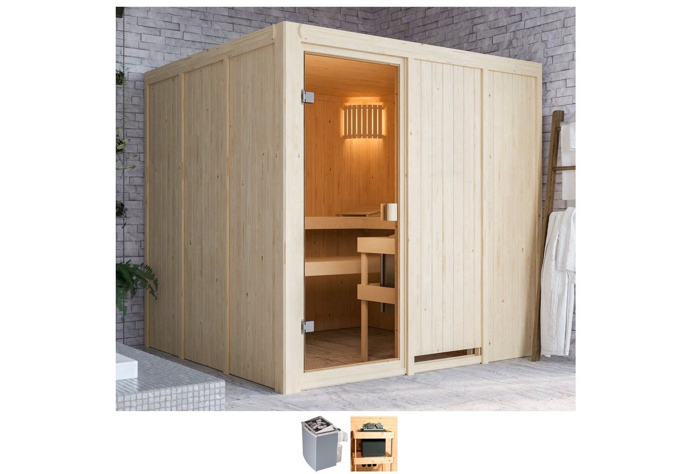 welltime Sauna Omari, BxTxH: 196 x 196 x 198 cm, 68 mm, 9-kW-Ofen mit int. Steuerung von welltime