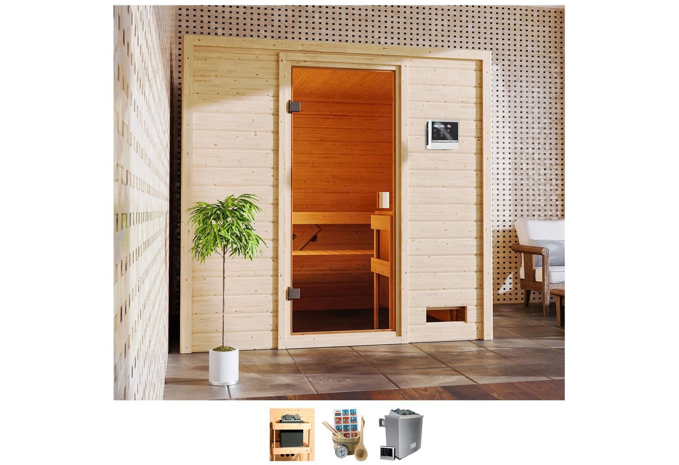 welltime Sauna Ricky, BxTxH: 195 x 169 x 187 cm, 38 mm, 4,5-kW-Ofen mit ext. Steuerung von welltime