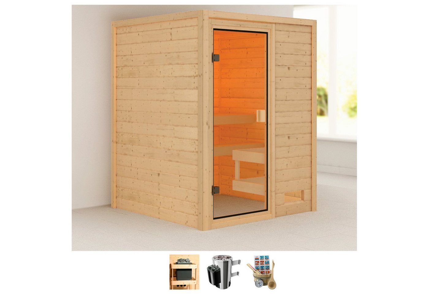 welltime Sauna Sandy, BxTxH: 145 x 145 x 187 cm, 38 mm, 3,6-kW-Plug & Play Ofen mit int. Steuerung von welltime