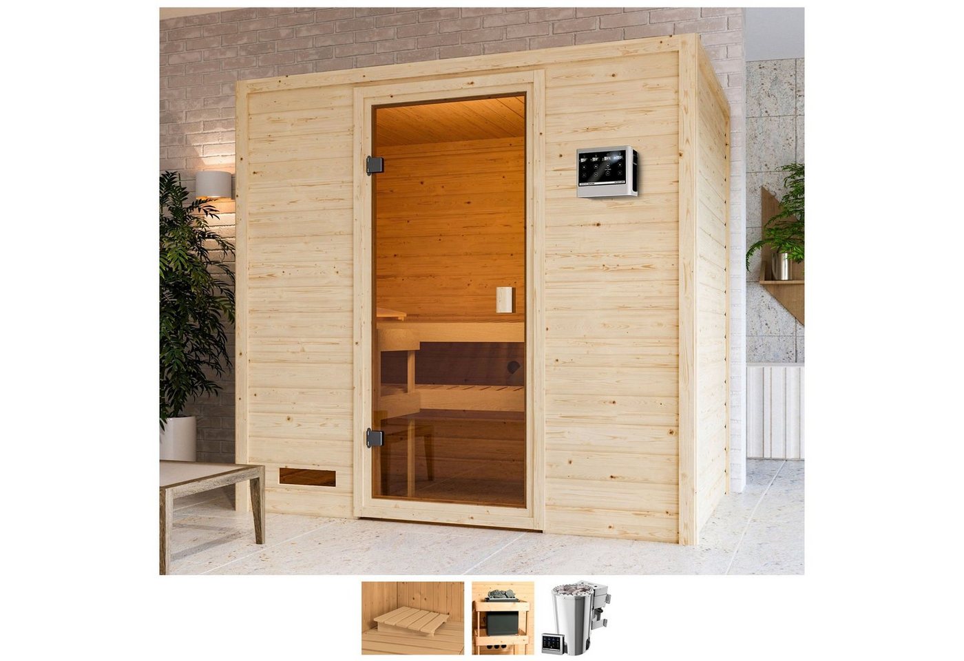 welltime Sauna Sunie, BxTxH: 195 x 145 x 187 cm, 38 mm, 3,6-kW-Bio-Plug & Play Ofen mit ext. Steuerung von welltime