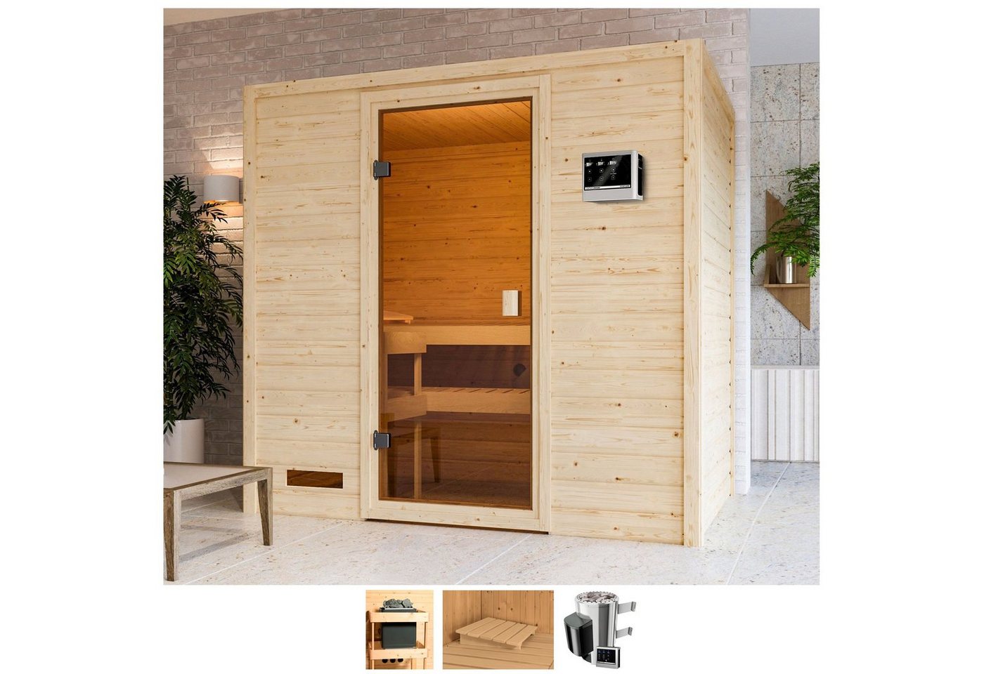 welltime Sauna Sunie, BxTxH: 195 x 145 x 187 cm, 38 mm, 3,6-kW-Plug & Play Ofen mit ext. Steuerung von welltime