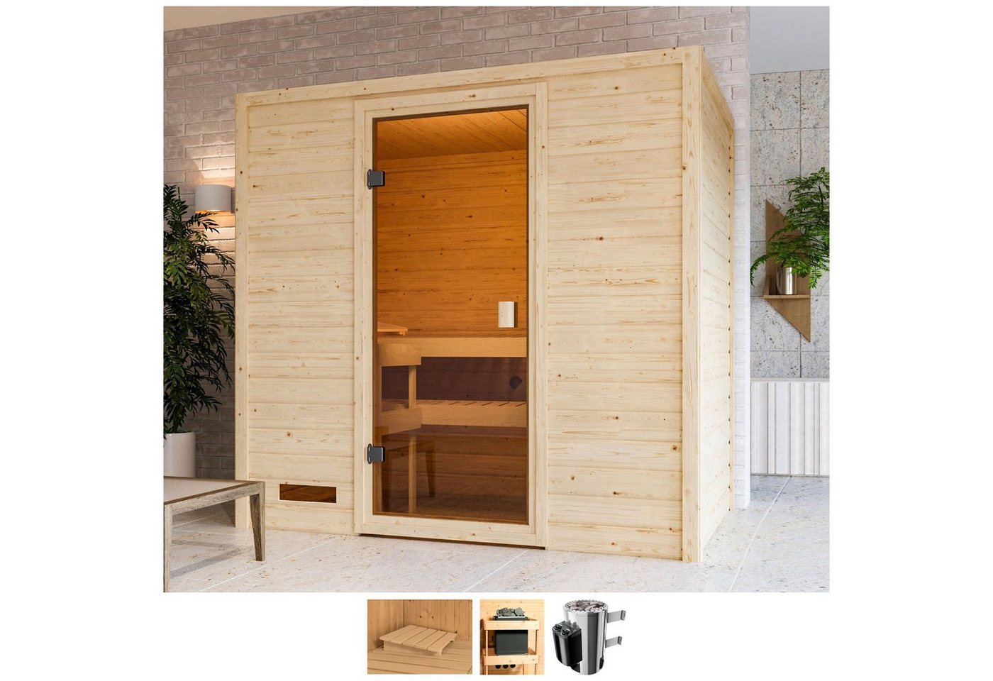 welltime Sauna Sunie, BxTxH: 195 x 145 x 187 cm, 38 mm, 3,6-kW-Plug & Play Ofen mit int. Steuerung von welltime