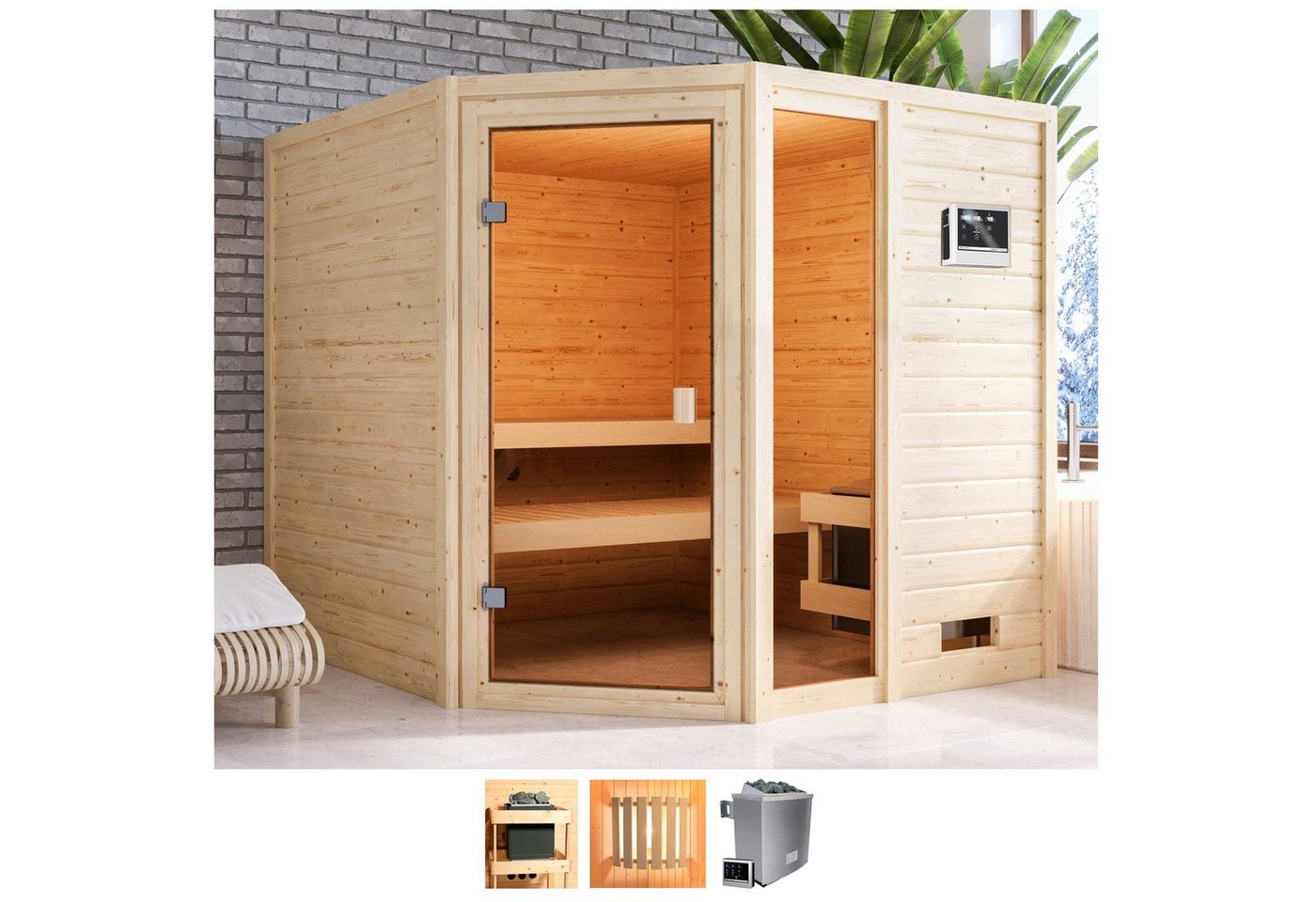 welltime Sauna Tally, BxTxH: 196 x 196 x 187 cm, 38 mm, 9-kW-Ofen mit ext. Steuerung von welltime