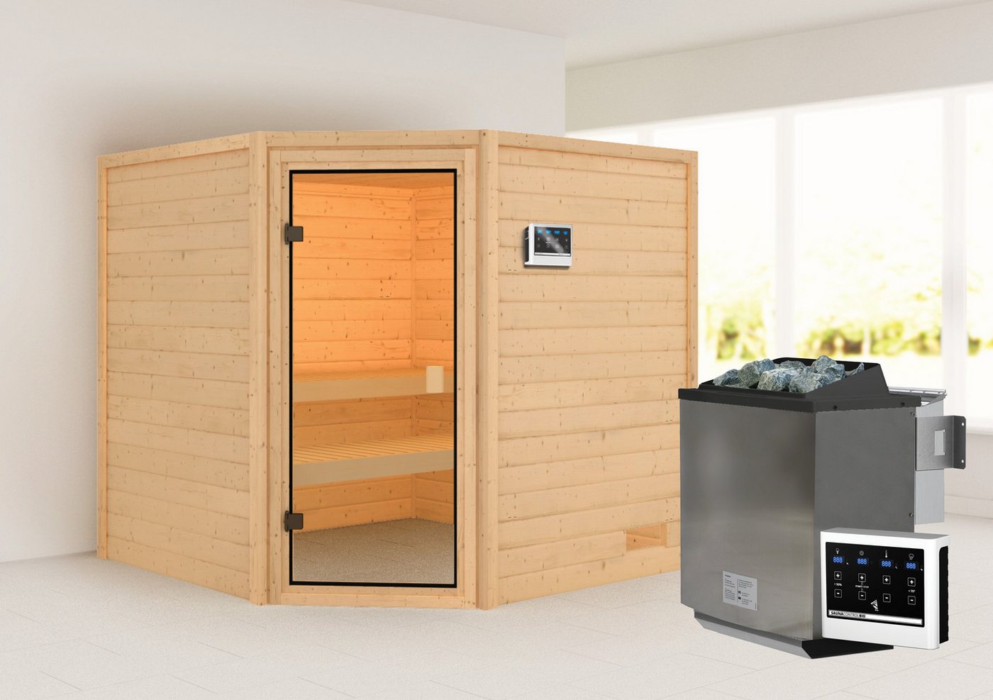 welltime Sauna Tami, BxTxH: 195 x 195 x 187 cm, 38 mm, 4,5-kW-Bio-Ofen mit ext. Steuerung von welltime