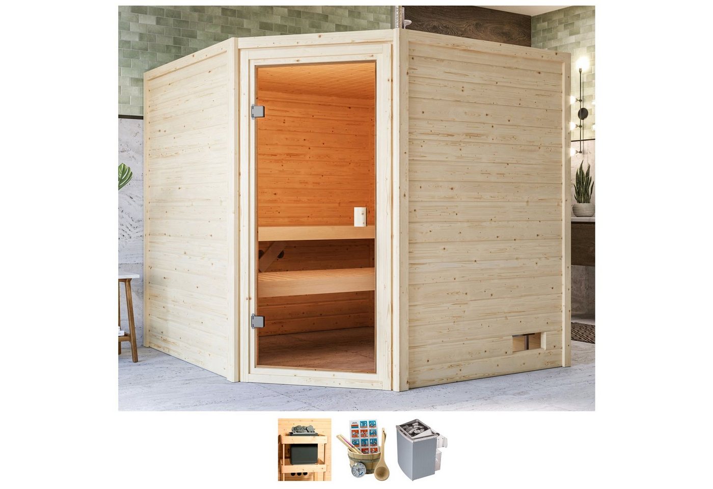 welltime Sauna Tami, BxTxH: 195 x 195 x 187 cm, 38 mm, 4,5-kW-Ofen mit int. Steuerung von welltime