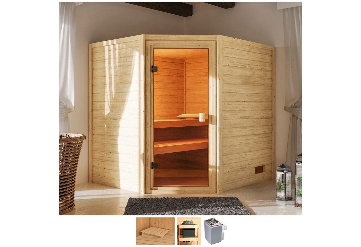 welltime Sauna Trixi, BxTxH: 195 x 169 x 187 cm, 38 mm, 4,5-kW-Ofen mit int. Steuerung von welltime