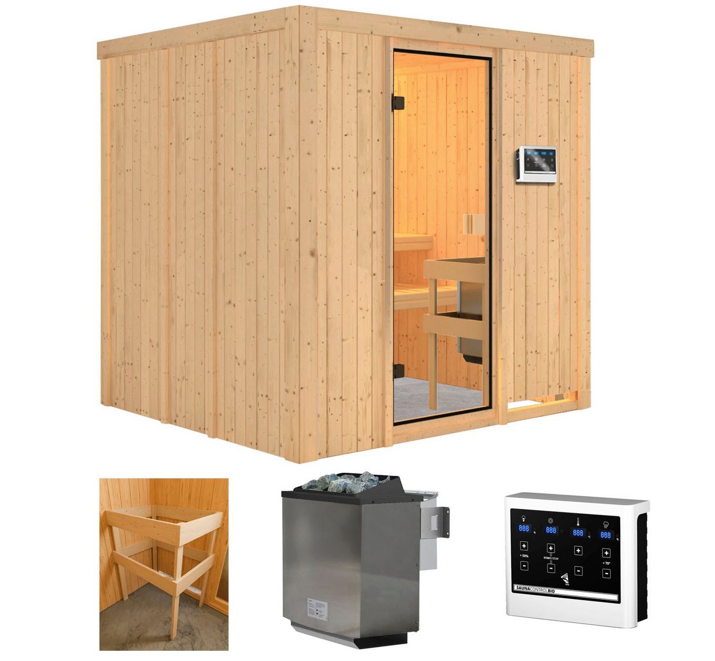 welltime Sauna Venus, BxTxH: 196 x 178 x 198 cm, 68 mm, (Set) 9 kW-Bio-Ofen mit ext. Steuerung von welltime