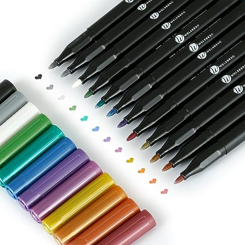 welsberg 12 Farben Metallic Marker Set mit 1-2 mm Spitze, Glitzer Stifte für Scrapbooking, Malbuch, Steine, Karten, Fotoalbum, Gästebuch, Metall, Holz, Keramik, Schwarzes oder Weißes Papier von welsberg