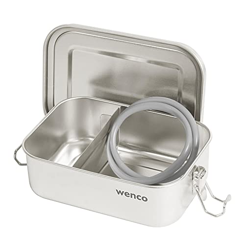 Wenco Premium Lunchbox aus Edelstahl, Mit 2 Fächern, Brotdose mit 800 ml Fassungsvermögen (650 ml Netto-Inhalt), Wasserdicht, Spülmaschinengeeignet, inkl. Ersatz-Silikonring, 15 x 11,3 x 5 cm, Silber von wenco