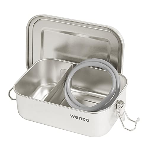 wenco Lunchbox aus Edelstahl, Mit 2 Fächern, Brotdose klein mit 650 ml Fassungsvermögen, Wasserdicht, Spülmaschinengeeignet, inkl. Ersatz-Silikonring, 15 x 11,3 x 5 cm, Silber von wenco