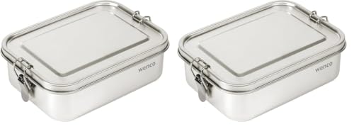 wenco Lunchbox aus Edelstahl, Mit 2 Fächern, Brotdose groß mit 850ml Fassungsvermögen, Wasserdicht, Spülmaschinengeeignet, inkl. Ersatz-Silikonring, 18,5 x 14 x 5,5 cm, Silber (Packung mit 2) von wenco