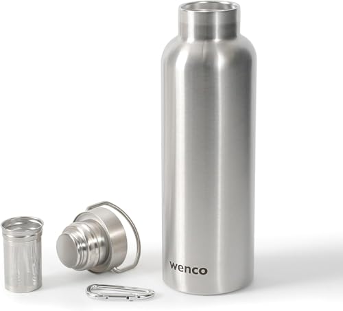 wenco Trinkflasche Edelstahl 0,75l / 750ml isoliert und auslaufsicher für kalte und heiße Getränke auch als Thermoskanne verwendbar – mit Teesieb – BPA frei – silber von wenco